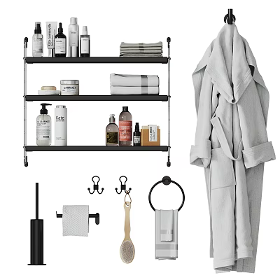 Bathroom Accessories Set Including Shelf Towels Skincare Bottles Bathrobe Hooks Towel Ring And Toilet Brush 3d model