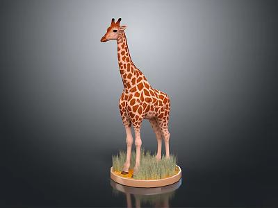 Giraffe 3D Model Standing On Circular Base With Grass And Grey Background 3d model
