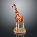 Giraffe 3D Model Standing On Circular Base With Grass And Grey Background
