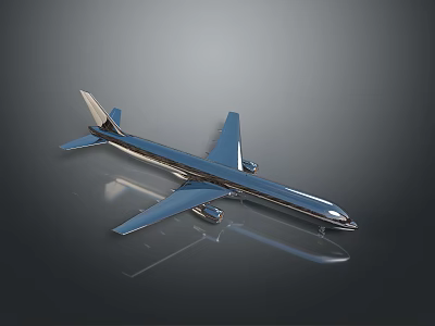 Shiny Metallic Airplane Model with Blue Wings on Gray Background and Reflection 3d model