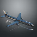 Shiny Metallic Airplane Model with Blue Wings on Gray Background and Reflection