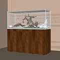 Indoor Glass Aquarium with Natural Aquascape Rocks Plants and Wooden Cabinet Base