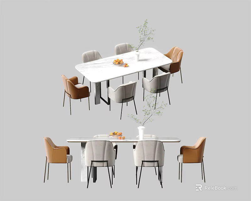 Modern Dining Table Set With Gray Brown Chairs Vase And Fruit Plate 3d model