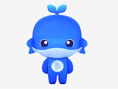 Cute Blue Whale Shaped Doll With Big Eyes Leaf Top And Chest Water Drop Design 3d model
