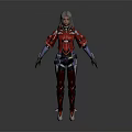 Futuristic Female Game Character With Red And Black Armored Suit And Long Hair