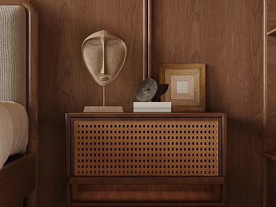 Wooden Nightstand With Woven Texture Abstract Face Sculpture And Books On Wooden Wall 3d model