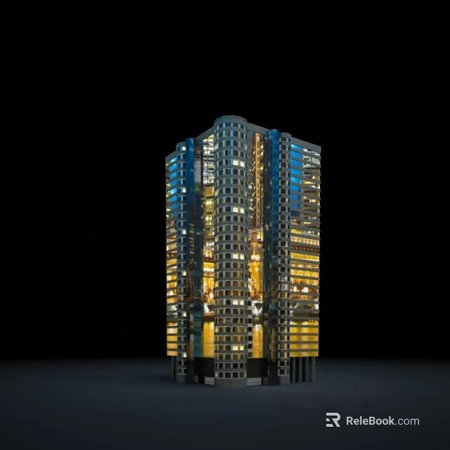 Modern Commercial Complex with Illuminated Glass Facade and Tall Building Design at Night 3d model