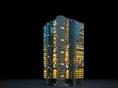 Modern Commercial Complex with Illuminated Glass Facade and Tall Building Design at Night 3d model