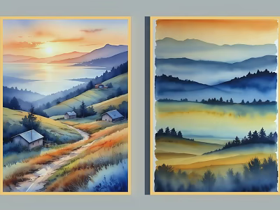 Watercolor Landscape Painting With Sunset Mountains Lake Cottages Path Trees Grass And Layered Hills 3d model