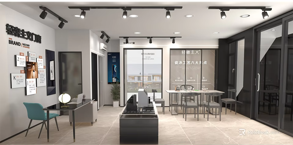 Modern Shopping Mall Store Interior With Bright Lighting Black Display Counter Tables And Green Plants 3d model 