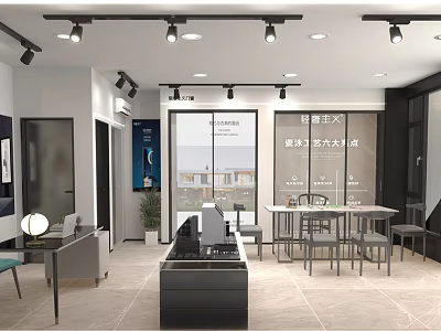 Modern Shopping Mall Store Interior With Bright Lighting Black Display Counter Tables And Green Plants 3d model