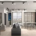 Modern Shopping Mall Store Interior With Bright Lighting Black Display Counter Tables And Green Plants