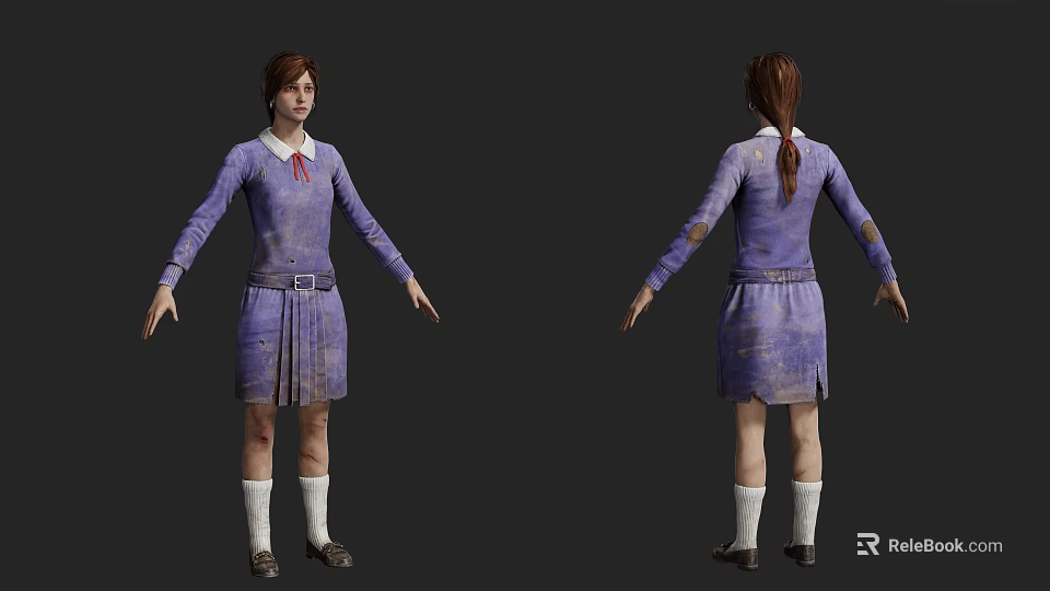 Game and Movie Character Design with Purple Dress White Socks and Brown Braided Hair 3d model 