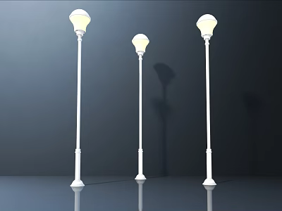 Three White Outdoor Lights with Slim Poles and Round Shades for Garden Use 3d model