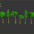 Low Poly Style Green Tree Sculptures Featuring Orange Trunks Different Shapes Grey Background and Reflections 3d model