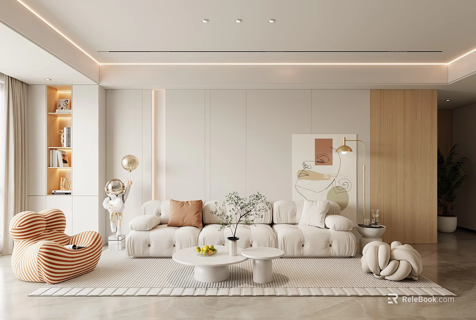 Modern Living Room Interior With White Sofa Orange Cushions Round Coffee Table And Wicker Chair 3d model 