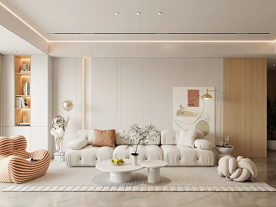Modern Living Room Interior With White Sofa Orange Cushions Round Coffee Table And Wicker Chair 3d model