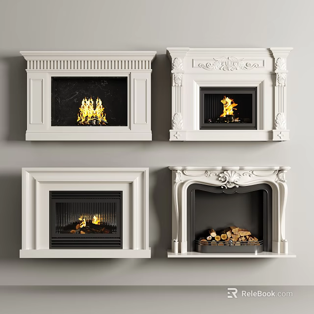 Various White Fireplace Designs With Decorative Details And Burning Wood Logs 3d model 