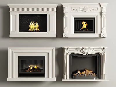 Various White Fireplace Designs With Decorative Details And Burning Wood Logs 3d model