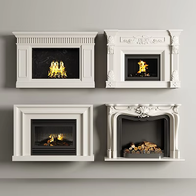Various White Fireplace Designs With Decorative Details And Burning Wood Logs 3d model