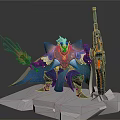 Mythical Creature Armored Warrior Character With Flaming Sword Gun And Cape On Stone Platform