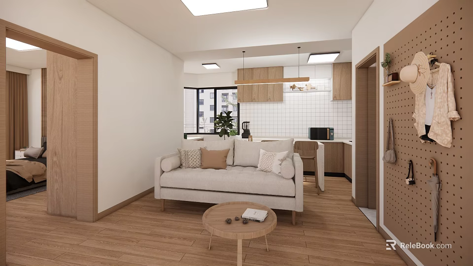 Modern Apartment Living Room With Open Kitchen White Sofa Light Wooden Flooring Round Coffee Table 3d model 