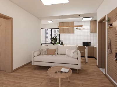 Modern Apartment Living Room With Open Kitchen White Sofa Light Wooden Flooring Round Coffee Table 3d model