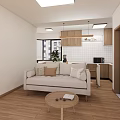 Modern Apartment Living Room With Open Kitchen White Sofa Light Wooden Flooring Round Coffee Table