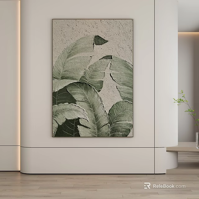 Abstract Painting With Green Leaf Patterns On Light Textured Background Hanging On Modern Wall 3d model 