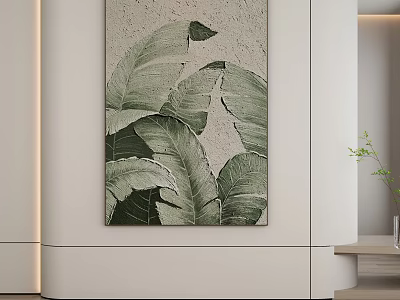 Abstract Painting With Green Leaf Patterns On Light Textured Background Hanging On Modern Wall 3d model