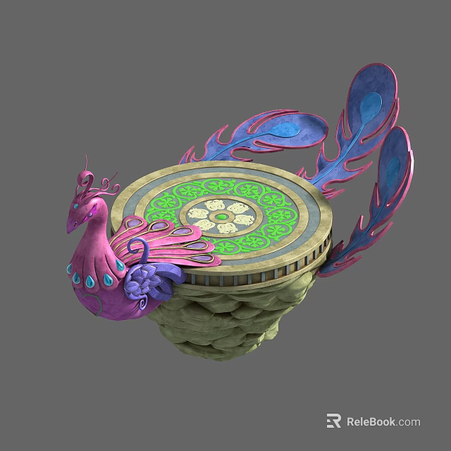 Cartoon Scene With Pink Blue Peacock On Round Platform Featuring Green Yellow Patterns 3d model
