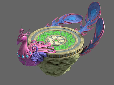 Cartoon Scene With Pink Blue Peacock On Round Platform Featuring Green Yellow Patterns 3d model