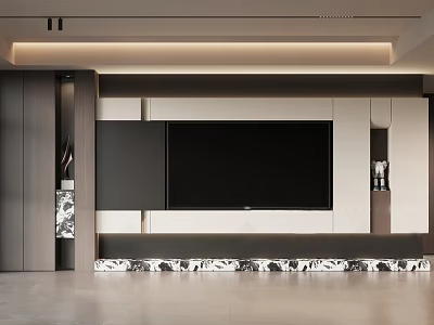 Modern TV Background Wall Design With Built-in TV Wooden Panels And LED Lighting 3d model