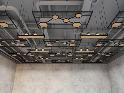 Modern Ceiling Design With Metal Grid Framework And Circular Wooden Decor Elements 3d model