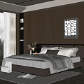 Modern Bedroom Double Bed With Gray Bedding Large Window And Forest View 3d model
