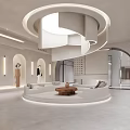 Elegant Modern Boutique Interior With Spiral Ceiling Arch Display Areas Sofa Seating And Mannequins