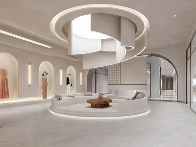 Elegant Modern Boutique Interior With Spiral Ceiling Arch Display Areas Sofa Seating And Mannequins 3d model