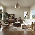 Modern Living Room Interior With White Sofa Round Pendant Light Wooden Floor And Decorative Painting