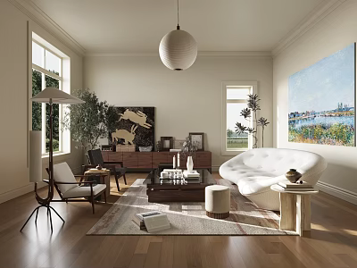 Modern Living Room Interior With White Sofa Round Pendant Light Wooden Floor And Decorative Painting 3d model