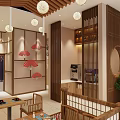 Japanese Restaurant Interior With Cherry Blossom Decor Lanterns Mountain Wave Murals And Wooden Bar Counter