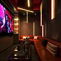 Modern Bar Interior With Curved Neon Lights Bar Counter And Black Stools