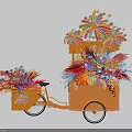 Vibrant Floral Display On Orange Tricycle Featuring Colorful Flower Arrangements And Firework Decor