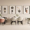 Modern Dining Table Set With Geometric Wall Art Beige Pink Gray Chairs And Potted Plants