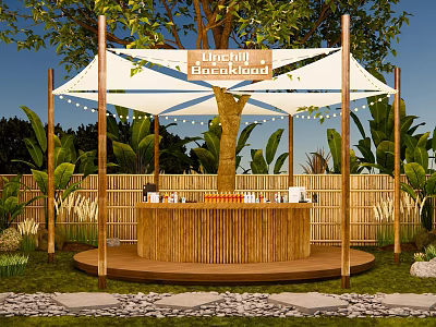 Camping Site With Wooden Bar Counter Cups Drinks Greenery Trees Bamboo Fence And Blue Sky 3d model
