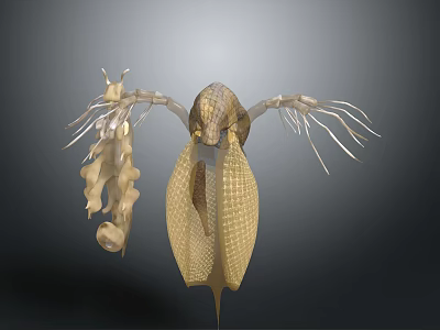Fantasy Creature Character With Golden Grid Texture Wing Like Structures And Long Tentacles 3d model