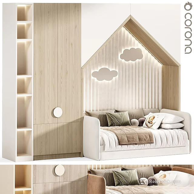 Cozy Kids Bed with House Shaped Headboard Decorative Cloud Lights Light Wood Storage 3d model 
