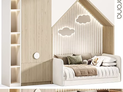 Cozy Kids Bed with House Shaped Headboard Decorative Cloud Lights Light Wood Storage 3d model