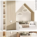 Cozy Kids Bed with House Shaped Headboard Decorative Cloud Lights Light Wood Storage