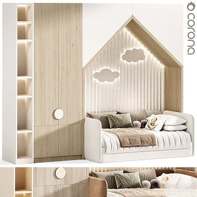 Cozy Kids Bed with House Shaped Headboard Decorative Cloud Lights Light Wood Storage 3d model