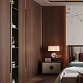 Modern Bedroom Interior With Wooden Furniture Headboard Background Wall Rug Nightstand And Lamp